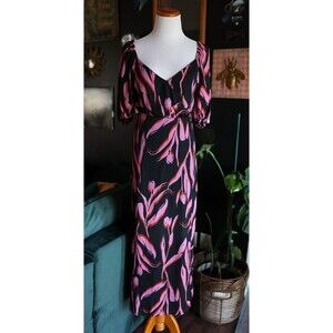 NWT Lush Tulip Maxi Dress V-Neck Short Puff Sleeve Sheer Overlay Black Pink L